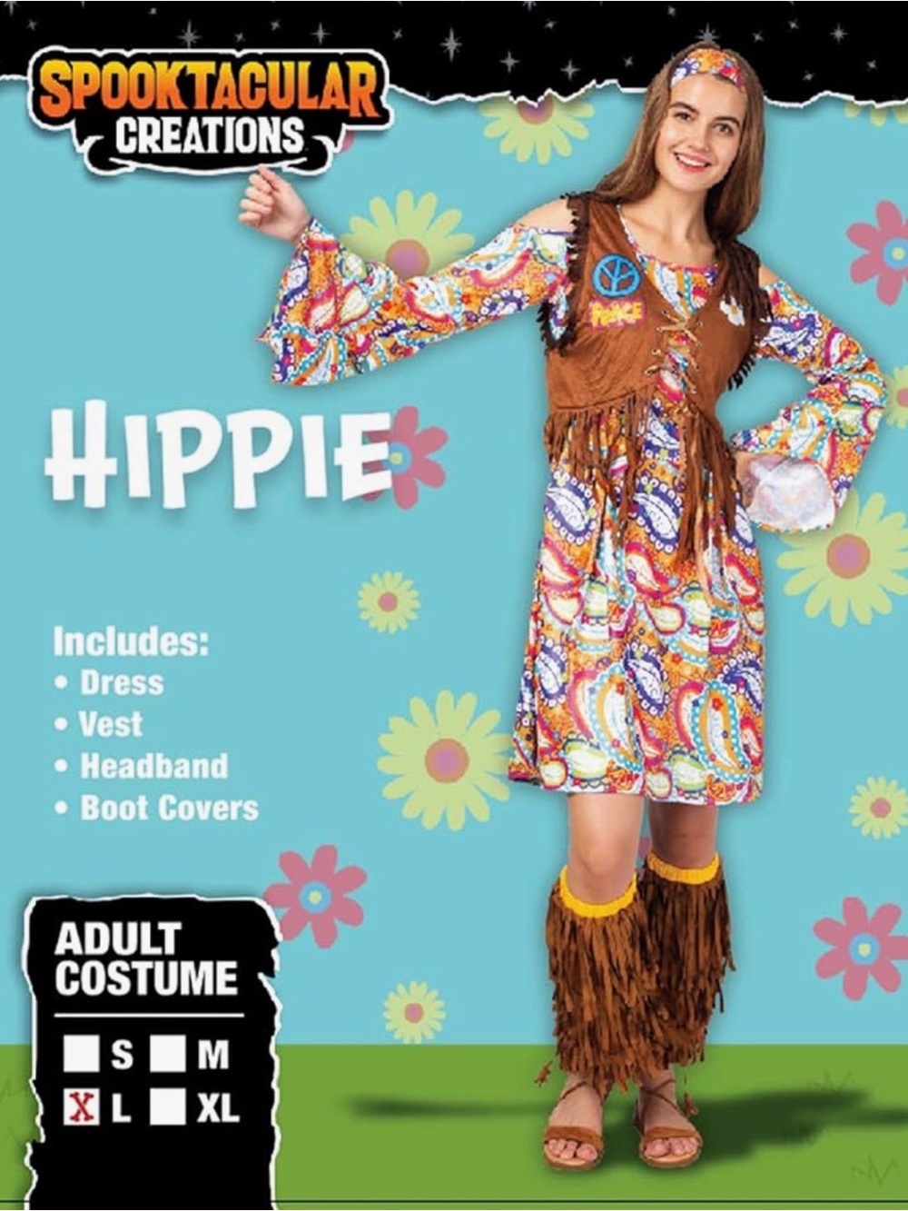 Women's Retro Paisley Hippie Costume Dress with Brown Fringe Vest - Multicolor